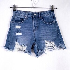 Organic Blue Denim Jean Shorts 5/27 Cotton Ripped Distressed Festival High Rise